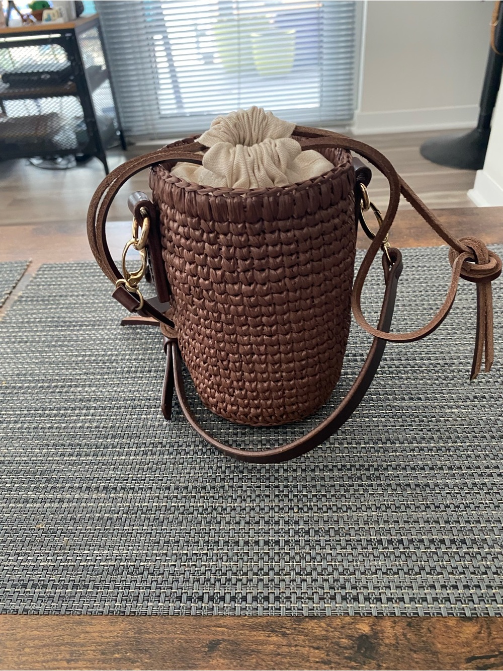 Liucita Love World, Leather Raffia Straw Bucket Bag, Chocolate Brown, NWOT.